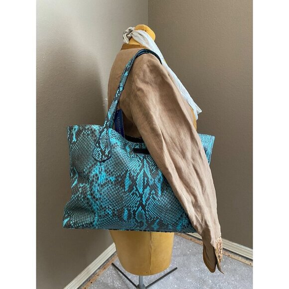 Lucchese Python Tote Bag Turquoise Leather Black Reptile Western Coastal Cowgirl - Picture 15 of 16